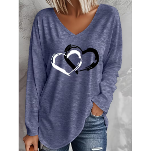 Women Heart/Cordate Long Sleeve Tee T-shirt V Neck Printing Casual Graphic Tee Spring/Fall Top