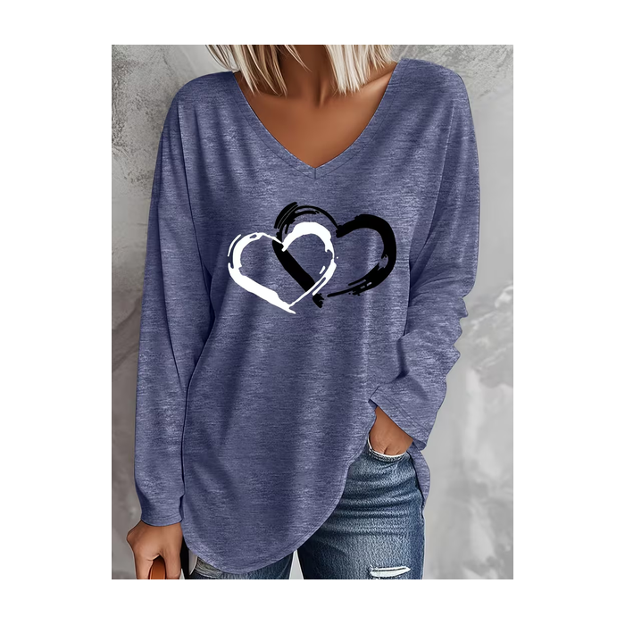 Women Heart/Cordate Long Sleeve Tee T-shirt V Neck Printing Casual Graphic Tee Spring/Fall Top