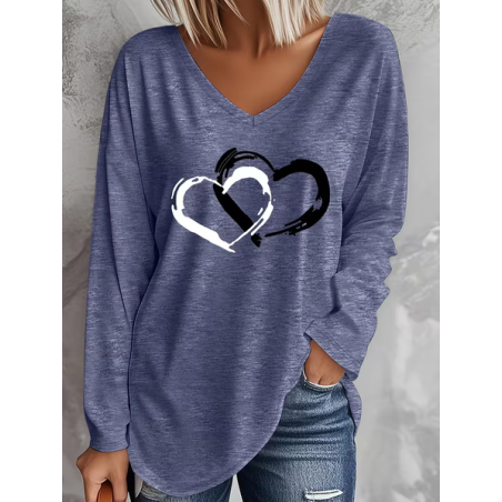 Women Heart/Cordate Long Sleeve Tee T-shirt V Neck Printing Casual Graphic Tee Spring/Fall Top
