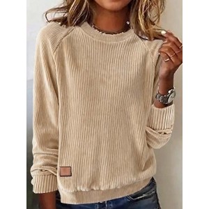 Women Plain Crew Neck Split Joint Vintage Spring/Fall Long Sleeve Sweatshirt