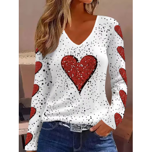 Women Heart/Cordate Long Sleeve Tee T-shirt V Neck Printing Casual Graphic Tee Spring/Fall Top