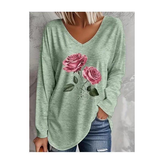 Women Floral Long Sleeve Tee T-shirt V Neck Printing Casual Graphic Tee Spring/Fall Top