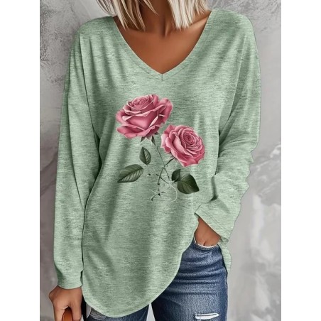 Women Floral Long Sleeve Tee T-shirt V Neck Printing Casual Graphic Tee Spring/Fall Top