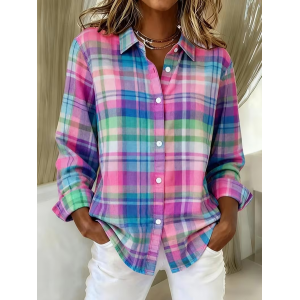 Women Plaid Shirt Collar Long Sleeve Shirt Buckle Regular Sleeve Casual Daily Spring/Fall Top