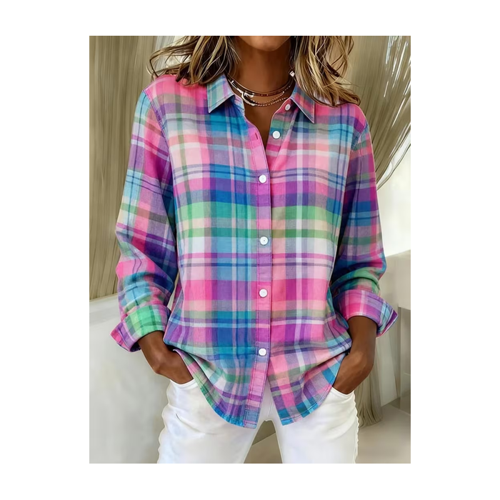 Women Plaid Shirt Collar Long Sleeve Shirt Buckle Regular Sleeve Casual Daily Spring/Fall Top