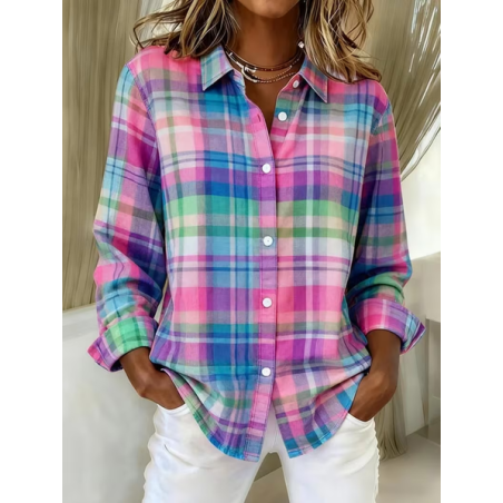 Women Plaid Shirt Collar Long Sleeve Shirt Buckle Regular Sleeve Casual Daily Spring/Fall Top