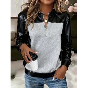Women Color Block Stand Collar Split Joint Vintage Spring/Fall Long Sleeve Sweatshirt