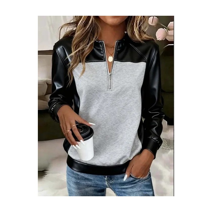 Women Color Block Stand Collar Split Joint Vintage Spring/Fall Long Sleeve Sweatshirt