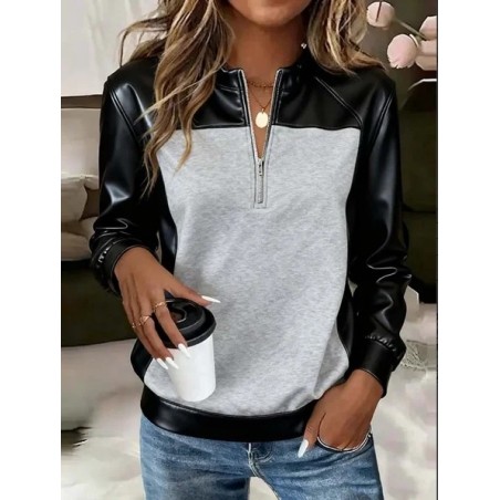 Women Color Block Stand Collar Split Joint Vintage Spring/Fall Long Sleeve Sweatshirt
