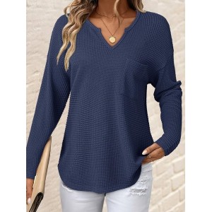 Women Plain Long Sleeve Tee T-shirt V Neck Split Joint Casual Spring/Fall Top