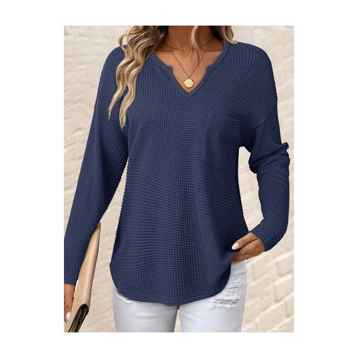 Women Plain Long Sleeve Tee T-shirt V Neck Split Joint Casual Spring/Fall Top