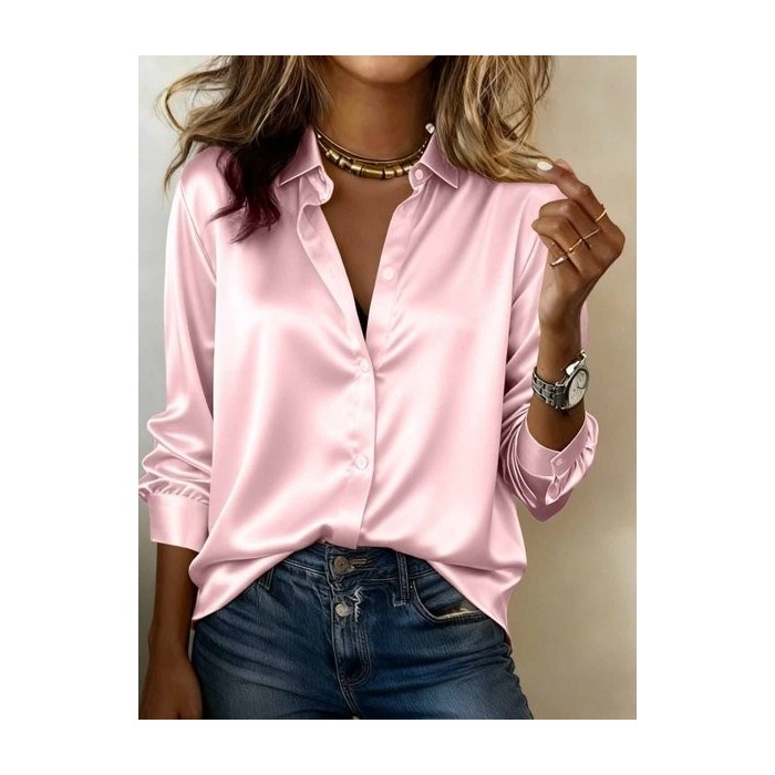 Women Plain Stand Collar Long Sleeve Shirt Split Joint Casual Daily Spring/Fall Top