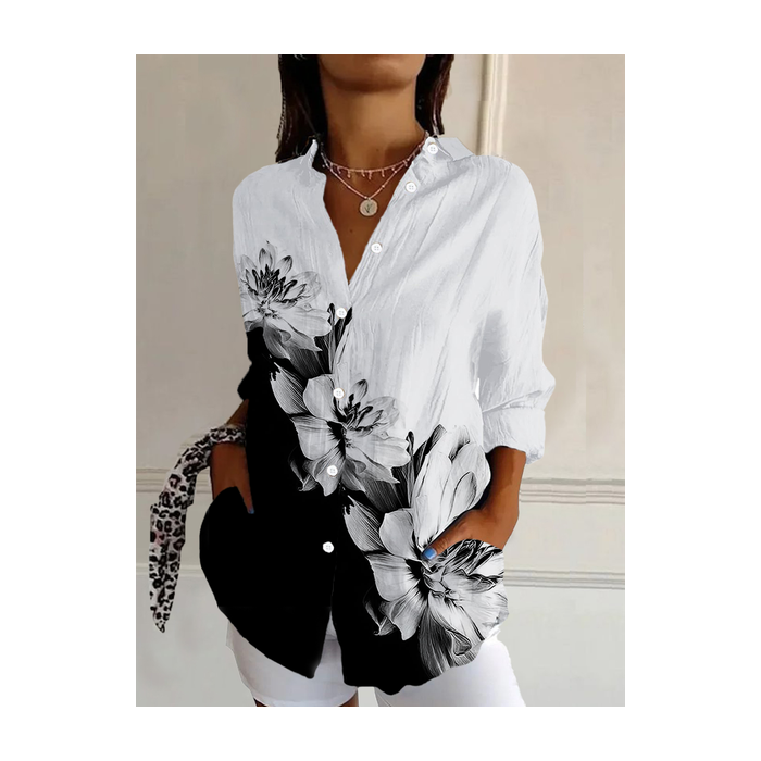 Women's Long Sleeve Shirt Spring/Fall Floral Buckle Shirt Collar Daily Going Out Casual Top