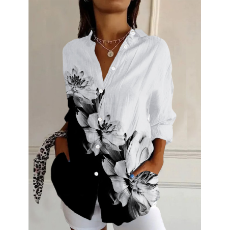 Women's Long Sleeve Shirt Spring/Fall Floral Buckle Shirt Collar Daily Going Out Casual Top