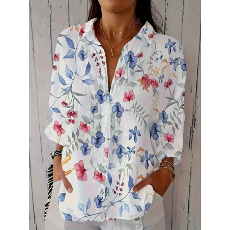 Women's Long Sleeve Shirt Spring/Fall Floral Buckle Shirt Collar Daily Going Out Casual Top