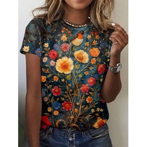 Women's Floral Short Sleeve Tee T-shirt Crew Neck Vintage Summer Top