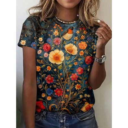 Women's Floral Short Sleeve Tee T-shirt Crew Neck Vintage Summer Top