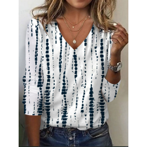 Women's Abstract Stripes Long Sleeve Tee T-shirt V Neck Printing Casual Spring/Fall Graphic Tee Top