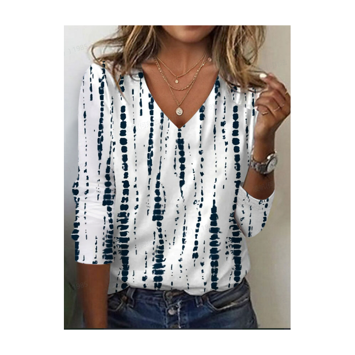 Women's Abstract Stripes Long Sleeve Tee T-shirt V Neck Printing Casual Spring/Fall Graphic Tee Top