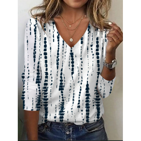 Women's Abstract Stripes Long Sleeve Tee T-shirt V Neck Printing Casual Spring/Fall Graphic Tee Top