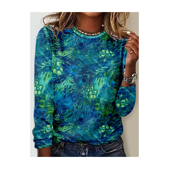 Women's Green Floral Long Sleeve Blouse_ Spring/Fall Crew Neck Daily Casual Top