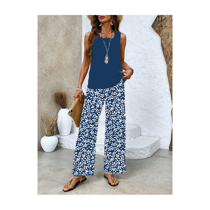 Women's Floral Printing Two-Piece Set Daily Sleeveless Casual Summer Top With Pants Matching Set