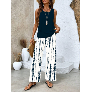 Women's Abstract Stripes Printing Two-Piece Set Daily Sleeveless Casual Summer Top With Pants Matching Set