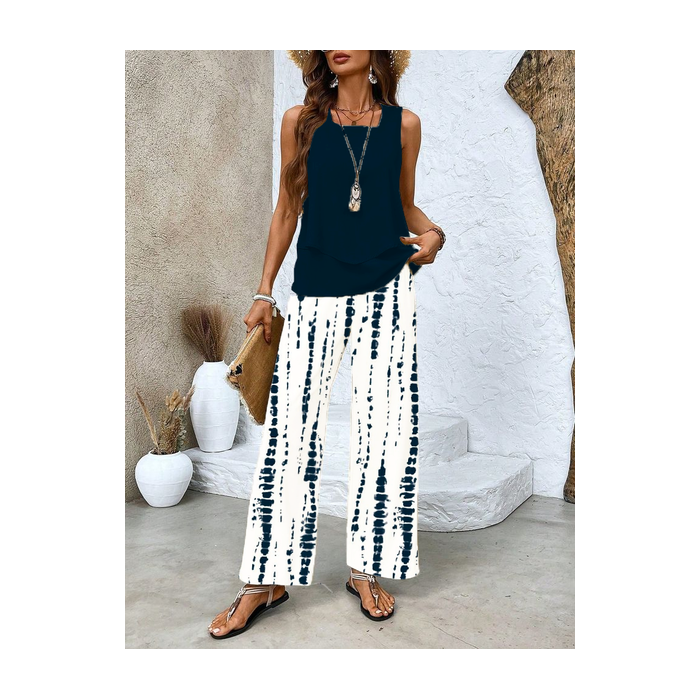 Women's Abstract Stripes Printing Two-Piece Set Daily Sleeveless Casual Summer Top With Pants Matching Set