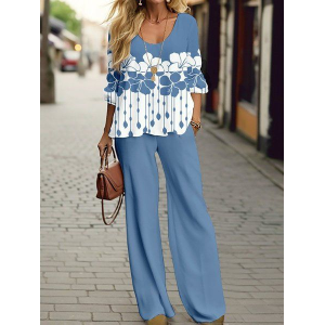 Women's Floral Printing Two-Piece Set Daily Long Sleeve Casual Spring/Fall Top With Pants Matching Set