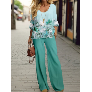 Women's Floral Printing Two-Piece Set Daily Long Sleeve Casual Spring/Fall Top With Pants Matching Set