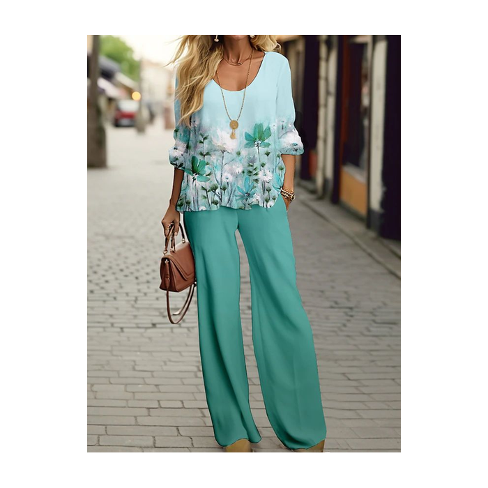 Women's Floral Printing Two-Piece Set Daily Long Sleeve Casual Spring/Fall Top With Pants Matching Set
