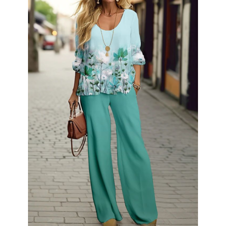 Women's Floral Printing Two-Piece Set Daily Long Sleeve Casual Spring/Fall Top With Pants Matching Set