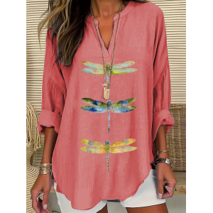 Women Dragonfly Long Sleeve Blouse Spring/Fall Printing V Neck Daily Casual Top