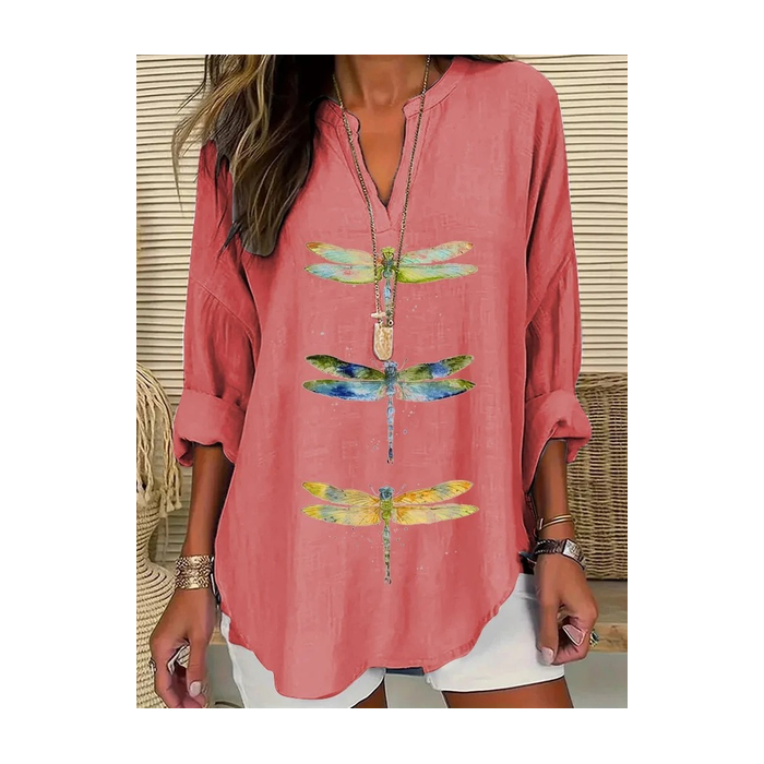 Women Dragonfly Long Sleeve Blouse Spring/Fall Printing V Neck Daily Casual Top