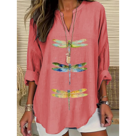 Women Dragonfly Long Sleeve Blouse Spring/Fall Printing V Neck Daily Casual Top