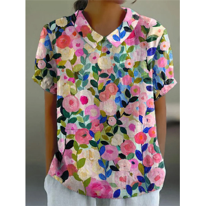 Women Floral Short Sleeve Shirt Summer Printing Shawl Collar Daily Casual Top