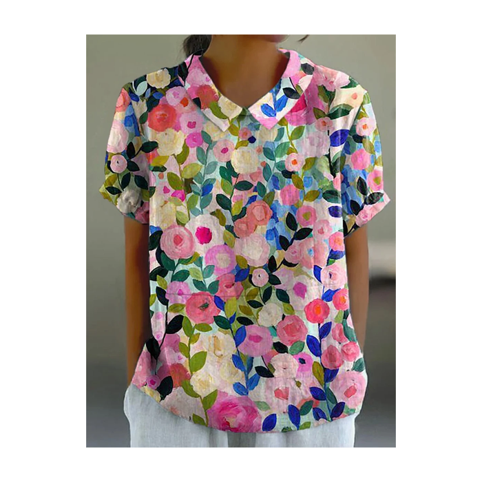 Women Floral Short Sleeve Shirt Summer Printing Shawl Collar Daily Casual Top