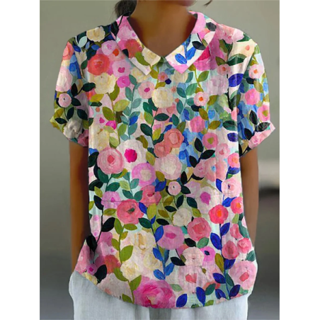Women Floral Short Sleeve Shirt Summer Printing Shawl Collar Daily Casual Top
