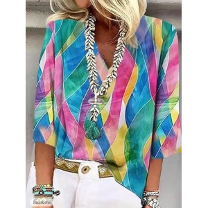 Women Color Block Half Sleeve Blouse Summer Shawl Collar Daily Casual Top