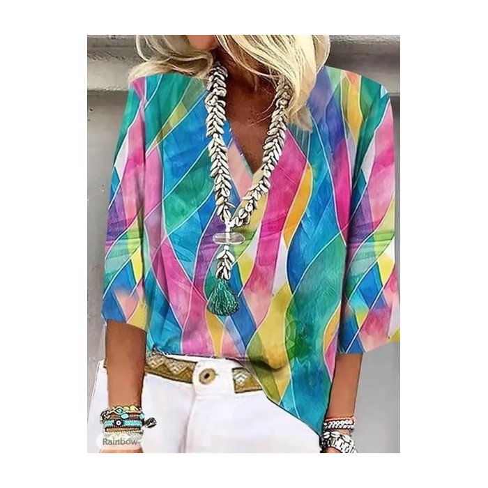 Women Color Block Half Sleeve Blouse Summer Shawl Collar Daily Casual Top
