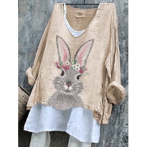 Women Easter (rabbit) Long Sleeve Tee T-shirt V Neck Vintage Spring/Fall Top