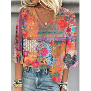 Women 3D Printing Three Quarter Sleeve Blouse Spring/Fall V Neck Daily Casual Top