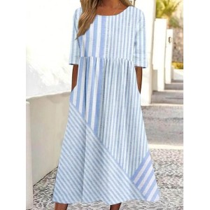 Women Striped Half Sleeve Summer Dress Crew Neck Daily Casual Maxi Shirt Dress A-Line Dress