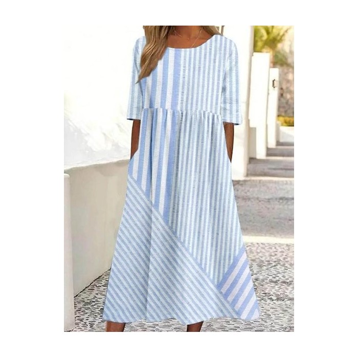 Women Striped Half Sleeve Summer Dress Crew Neck Daily Casual Maxi Shirt Dress A-Line Dress