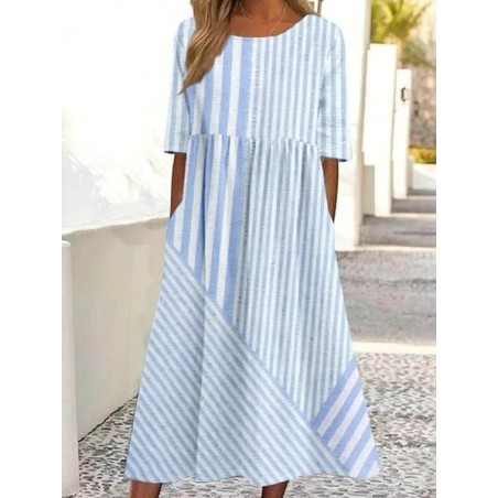 Women Striped Half Sleeve Summer Dress Crew Neck Daily Casual Maxi Shirt Dress A-Line Dress