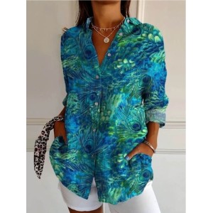 Women Feather Long Sleeve Shirt Spring/Fall Shirt Collar Daily Casual Top
