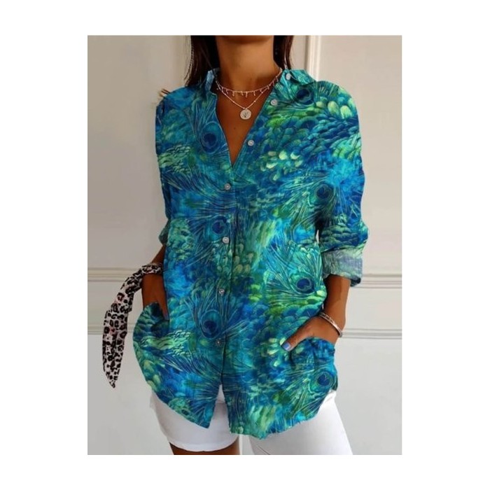 Women Feather Long Sleeve Shirt Spring/Fall Shirt Collar Daily Casual Top