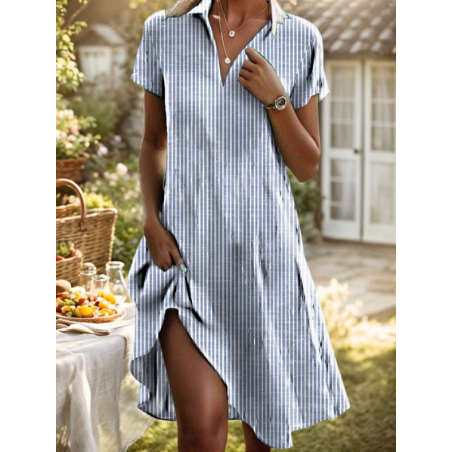 Women Striped Short Sleeve Summer Printing Dress Shawl Collar Daily Casual Knee Length A-Line Dress