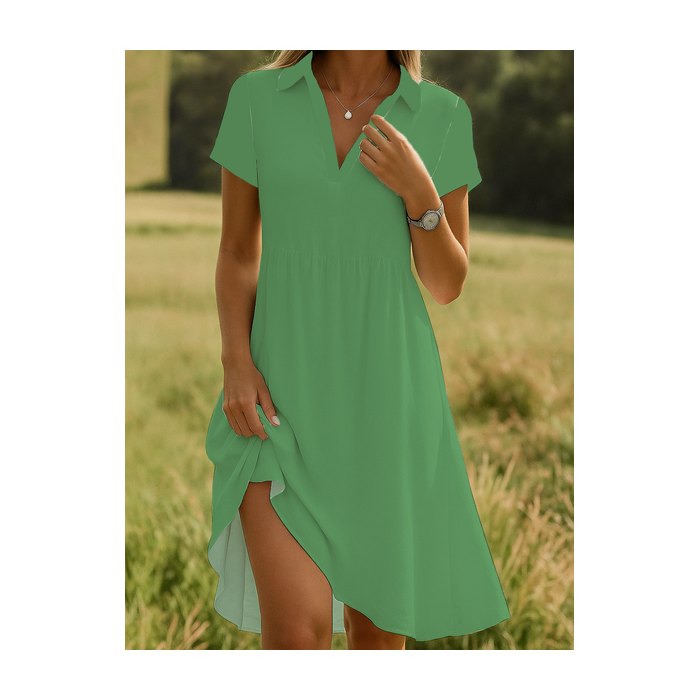 Women Plain Short Sleeve Summer Dress Shawl Collar Daily Casual Knee Length A-Line Dress