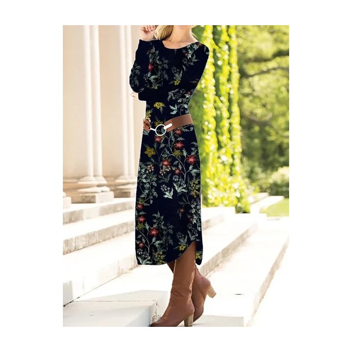 Women's Long Sleeve Spring/Fall Floral Dress Crew Neck Daily Going Out Casual Midi A-Line T-Shirt Dress